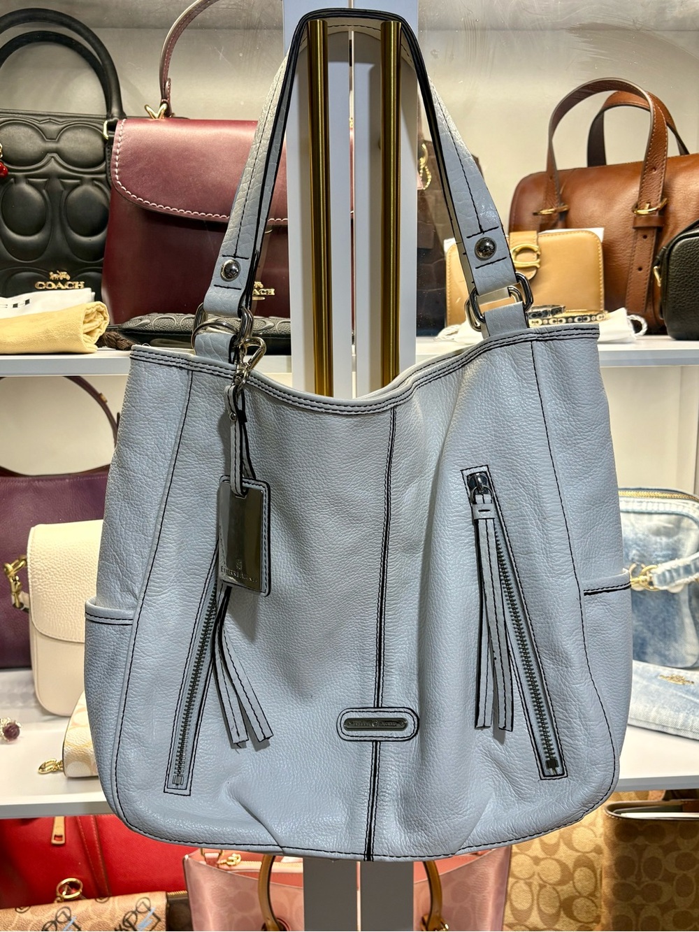 Coach Light Blue Leather Shoulder Bag with Tassel Zips